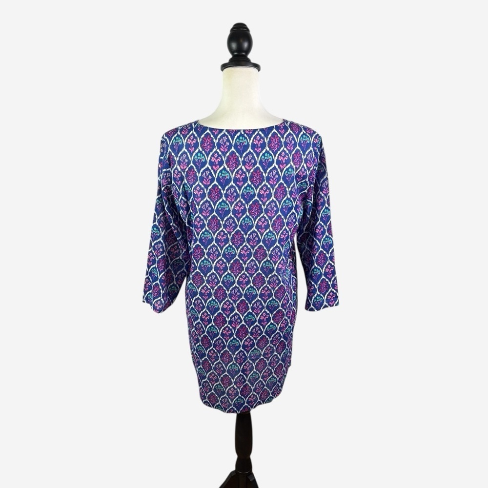 J Crew Swim Cover Up Tunic Size S Cotton Lightweight 3/4 Sleeve Blue Floral - Picture 3 of 12
